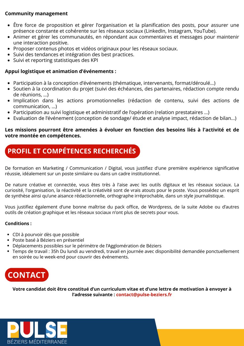 🤝 Offre d'emploi : Pulse Béziers Méditerranée
Chargé de communication digitale réseaux sociaux
👉 pulse-beziers.fr