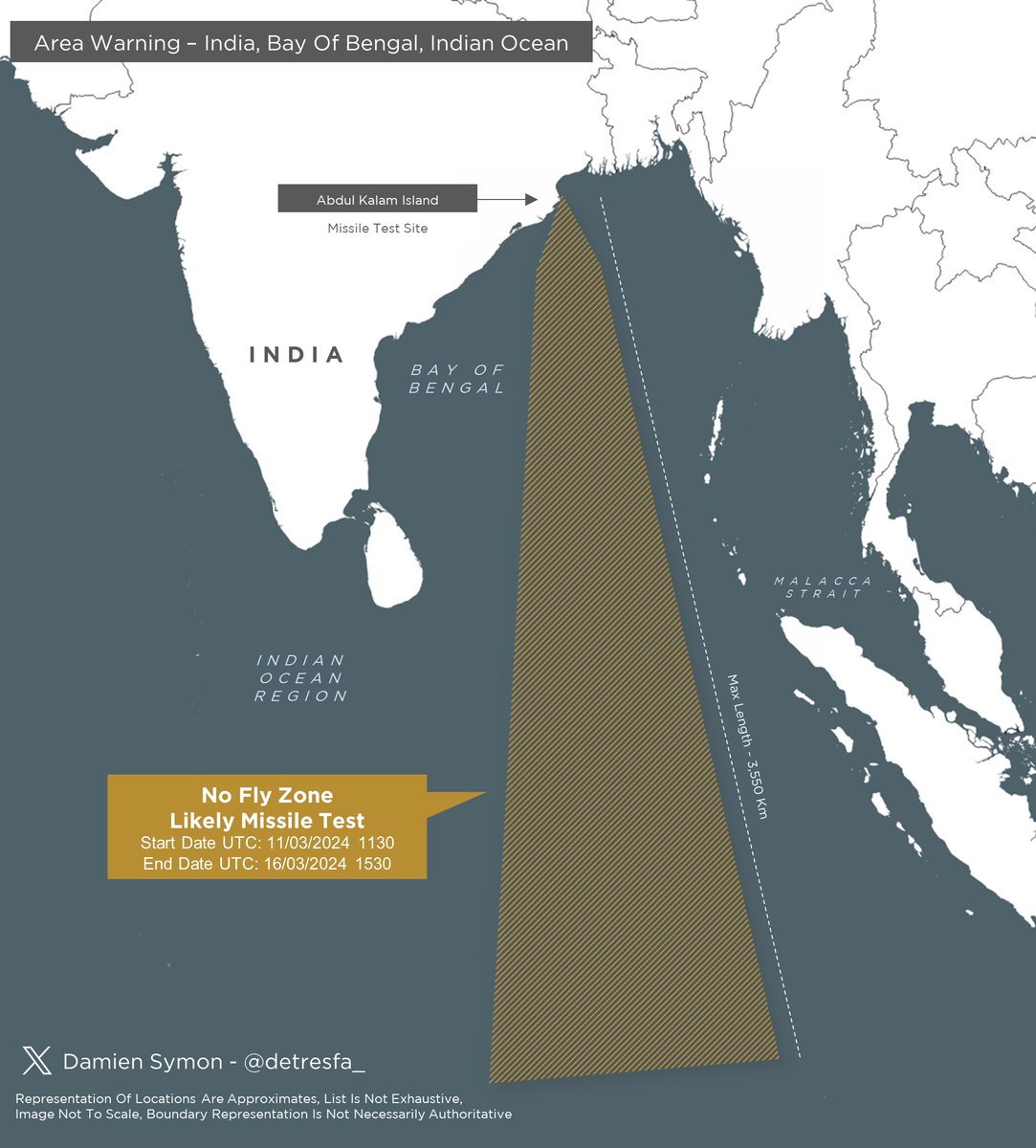 detresfa_'s tweet image. #AreaWarning #India issues another notification for a very large no fly zone over the Bay Of Bengal &amp;amp; Indian Ocean Region indicative of a likely missile test             

Date | 11-16 March 2024