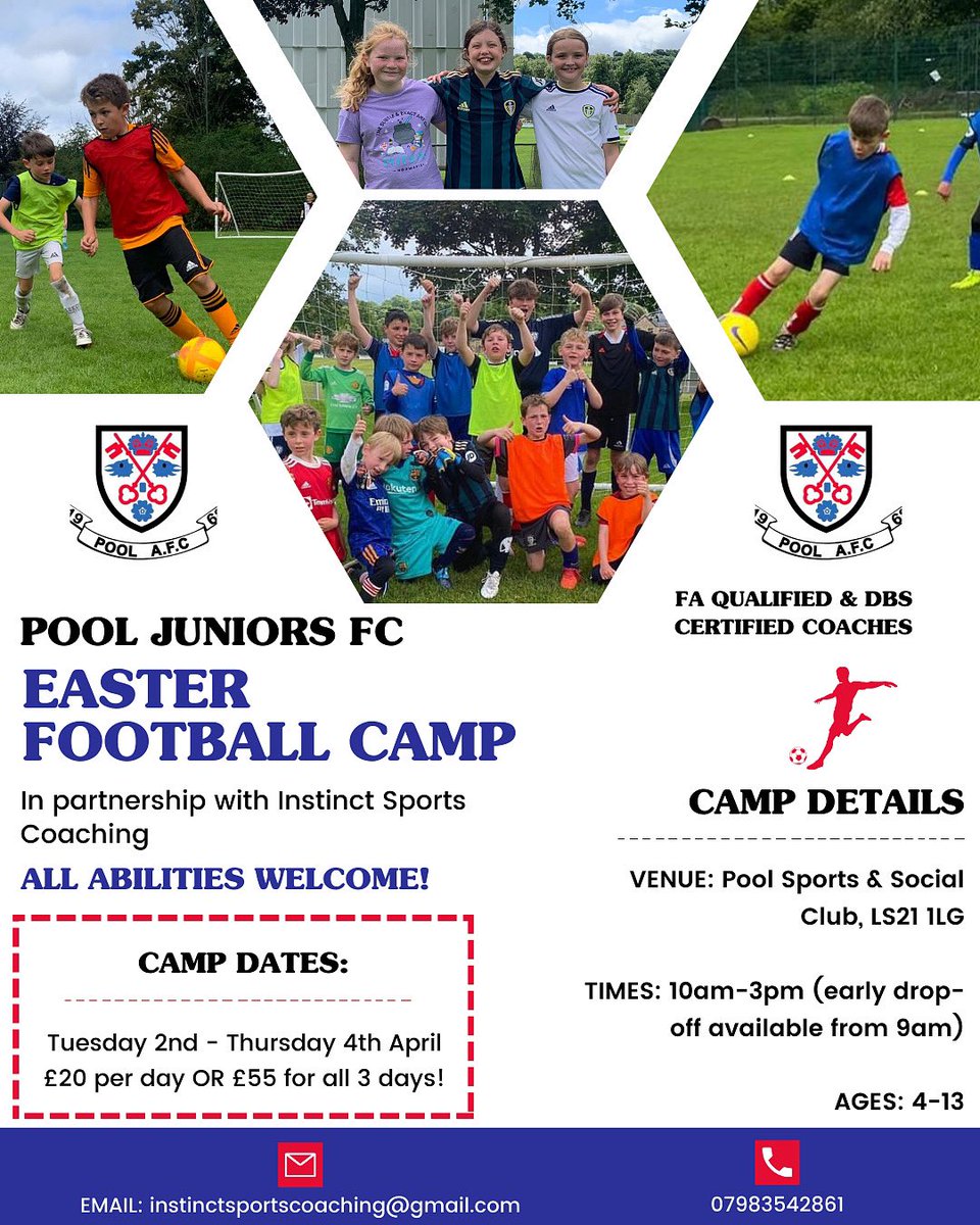 1nstinctsports's tweet photo. 🚨⚽️POOL CAMP⚽️🚨 

We are excited to be providing a 3-day action packed football camp @ Pool Sports &amp; Social Club this Easter🐣 

🌟 A fantastic opportunity to make new friends, learn new skills and have FUN! 

Contact us for more information and to book your child’s place😁 https://t.co/kd0FWk9ciI
