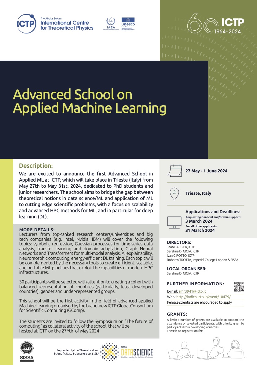 Excited to announce the first school on 'Applied #MachineLearning' to be held @ictpnews (Trieste) May 27th-Jun 1st! Scholarships available! Apply here: indico.ictp.it/event/10479/ Deadline March 31st - Please RT! @SerafinaDiG @Sissaschool