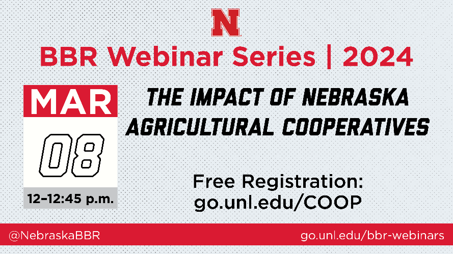 Registration closes tonight at midnight! Follow the link to secure your seats! Free Registration: go.unl.edu/COOP Event Details: Title: The Economic Impact of Nebraska Agricultural Cooperatives Date: March 08, 2024 Time: 12–12:45 p.m. CT #UNL #NuBiz #NebraskaBBR
