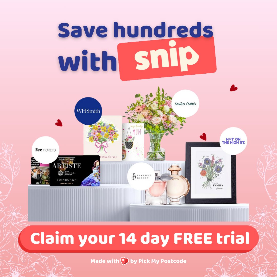 Find the perfect Mother's Day gift with Snip 💞 With deals on flowers and jewellery, meals out and day trips, you can find the perfect gift and save money too. 💐 Try Snip today for 14 days free: getsnip.co.uk Cancel anytime. T&C's apply. 💸 #snip #mothersday