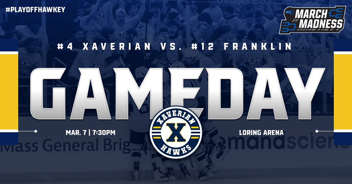 GAMEDAY! The Hawks head to Framingham to take on #12 Franklin in the Elite 8 of MIAA D1 Hockey dance. Puck drop is at 7:30pm for this one at Loring Arena with our friends @MHLbbiglive once again on the call of the game. All tickets must be purchased through GoFan. #playoffhawkey