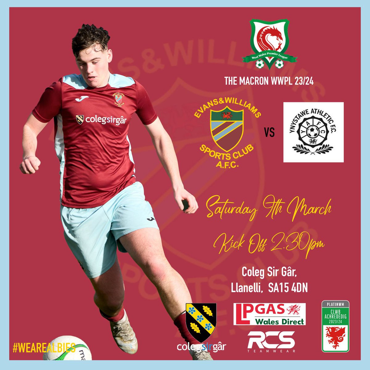 On Saturday we welcome @YnystaweFC to @ColegSirGar in the @PremierWales. Ddydd Sadwrn, byddwn ni’n croesawu Ynystawe i feysydd Coleg Sir Gâr ym Mhrif Gynghrair Gorllewin Cymru Macron. #Albies