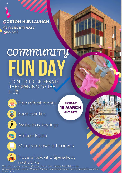 Gorton Hub is having it's official opening next Friday 15th March. With activities for all the family, it's a great opportunity to find out more about the services on offer! @OneMcr @JCPinManchester @mcrlco @MCCGortonAHey