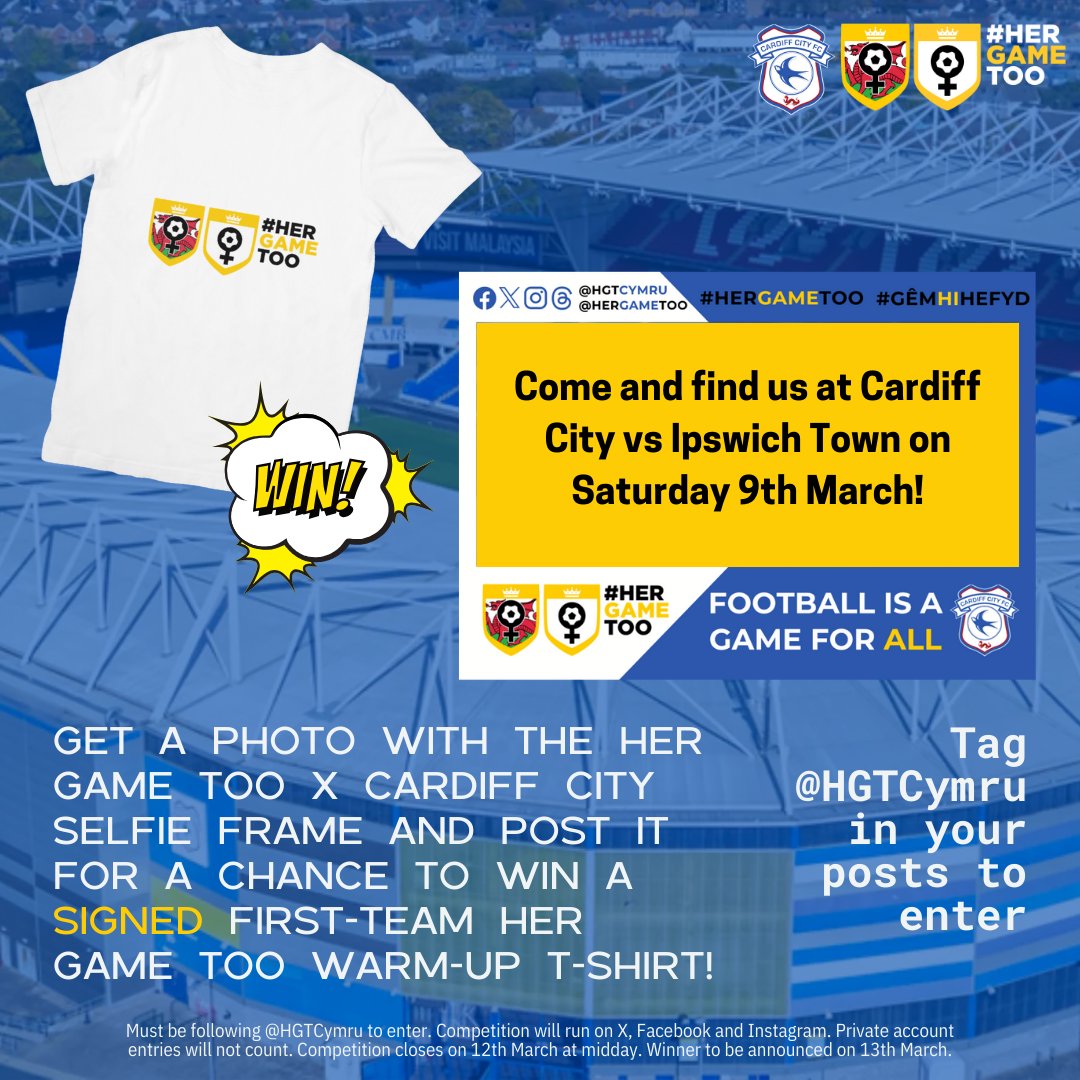 We're supporting @HGTCymru at Saturday's clash with Ipswich Town! 💙 Fancy getting your hands on a signed #HerGameToo warm-up tee? 👕 Keep an eye out for the HGT selfie board at CCS on Saturday. Send us your snap and tag @HGTCymru for the chance to win! 🤳 #CityAsOne