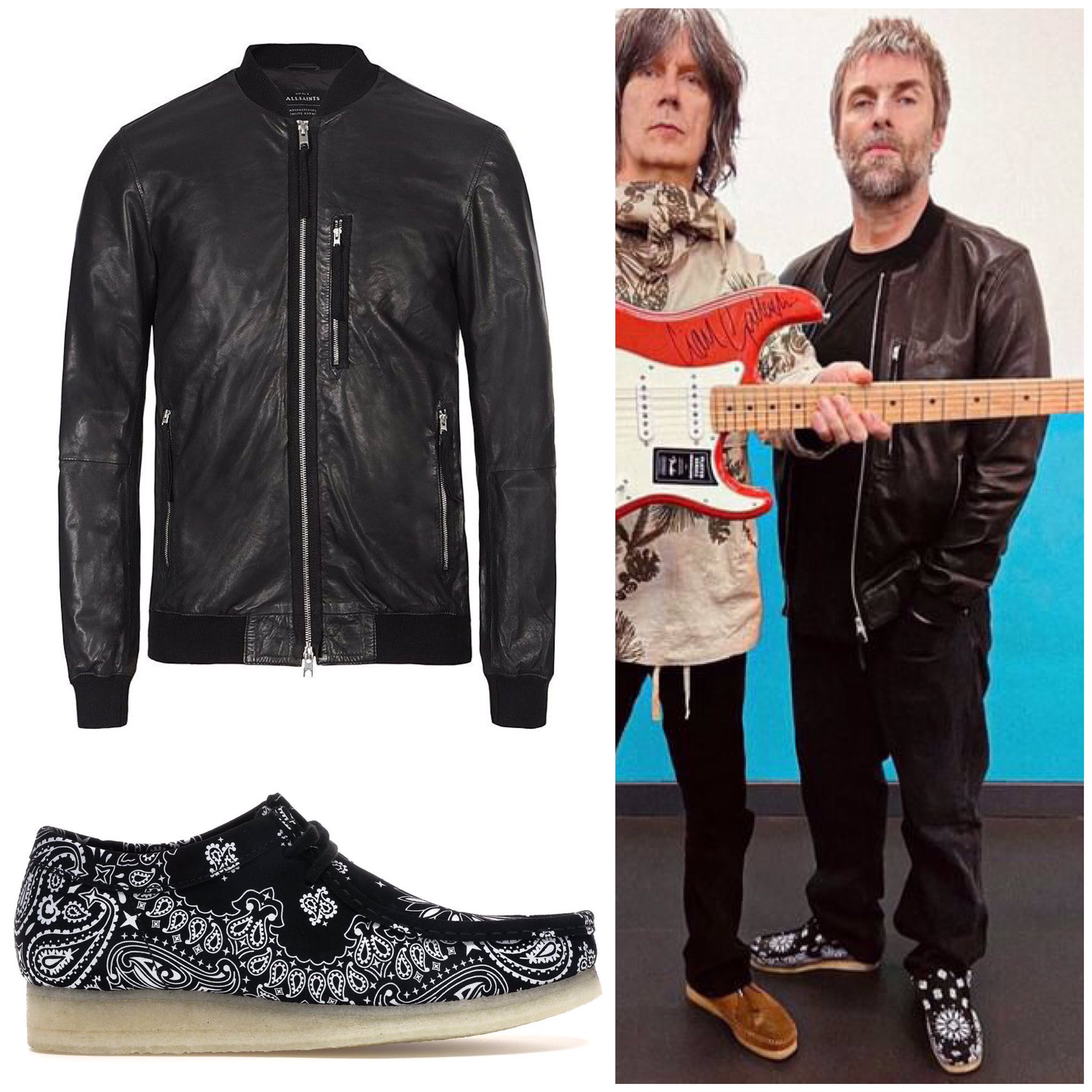 Liam Gallagher Wears on X Liam Gallagher wears AllSaints Blenham Leather Bomber Jacket Supreme x Clarks Originals Wallabees https t 9abr2YwjdA X