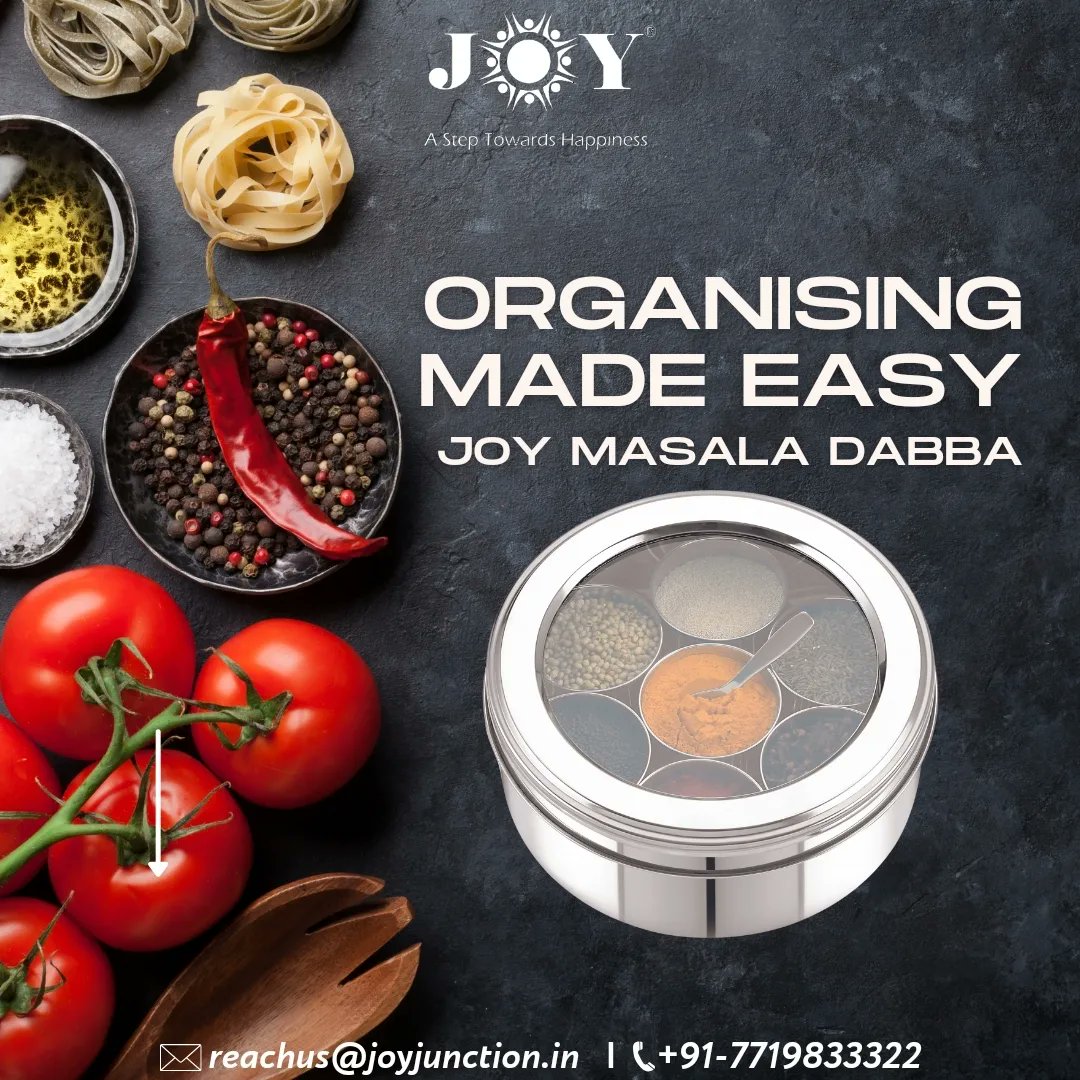 Spice up your kitchen organization with our Masala Dabba! Choose from Small, Medium, or Large sizes to keep your spices in perfect order. Cooking made easy, one dabba at a time!

#JoyJunction #MasalaDabba #SpiceBoxMagic #SpiceBox #spicestorage #spices #masalabox #freedelivery