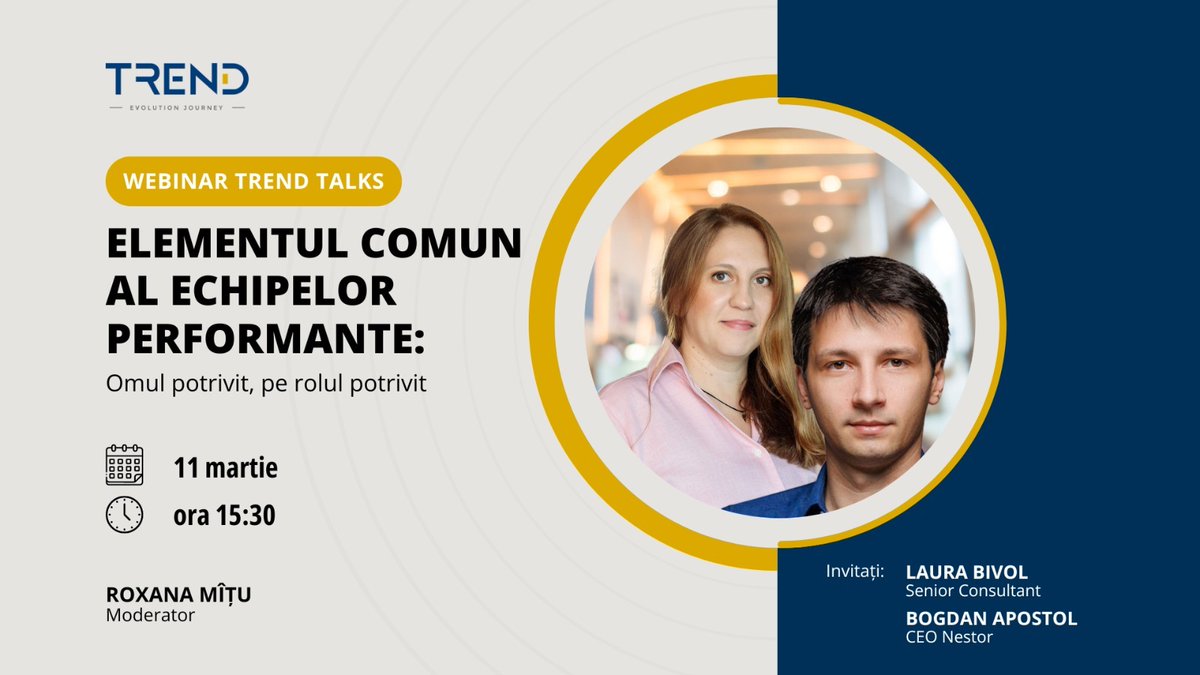 Want to know the common characteristic of high-performing teams? 

Don’t miss the Trend Talks webinar with @bogapostol, CEO and Co-founder of @NestorUpHQ, and Laura Bivol, Senior Consultant at @trendconsult, next Monday, 11 March, from 3:30-4:30 PM EET: t.ly/T5w9_