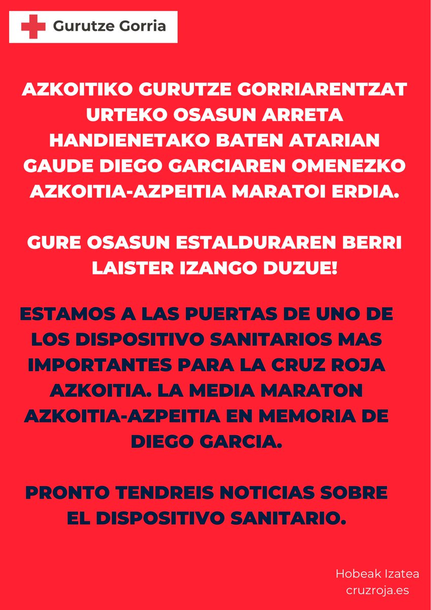 Cruz Roja Azkoitia (@cruzrojaazkoiti) on Twitter photo Azkoitiko Gurutze Gorriarentzat urteko osasun arreta handienetako baten atarian gaude Diego Garciaren omenezko Azkoitia - Azpeitia maratoi erdia. Laister gure osasun estalduraren berri izango duzue.⛑️❤️ <a href="/AzkoitiAzpeitia/">AzkoitiAzpeitia</a> Azkoitiko Gurutze Gorriarentzat urteko osasun arreta handienetako baten atarian gaude Diego Garciaren omenezko Azkoitia - Azpeitia maratoi erdia. Laister gure osasun estalduraren berri izango duzue.⛑️❤️ <a href="/AzkoitiAzpeitia/">AzkoitiAzpeitia</a>
