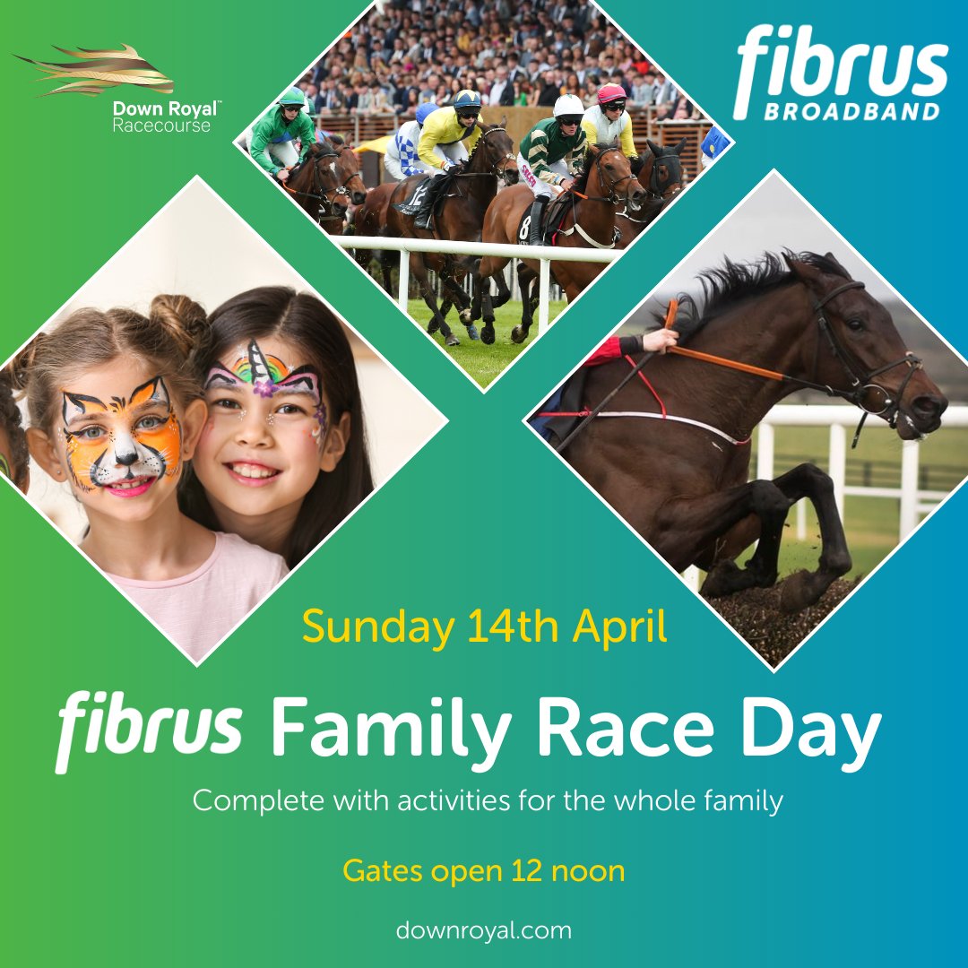 Less than 6 weeks to go until the @fibrusbroadband Family Race Day on Sunday 14th April 🤩 Grab your friends & family for a fun-filled day of: 🏇National Hunt Racing 🏰Bouncy Castles 🐰Petting Farms 🎨 Face painters and so much more! 🎟️downroyal.com/tickets