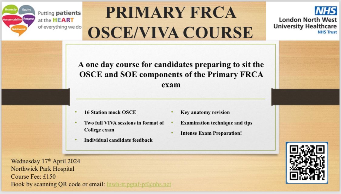 Booking for the Northwick Park Primary FRCA Course on Wednesday 17th April is now open. To secure your place please follow the link via the QR code or forms.office.com/r/3jwzeV8Spj