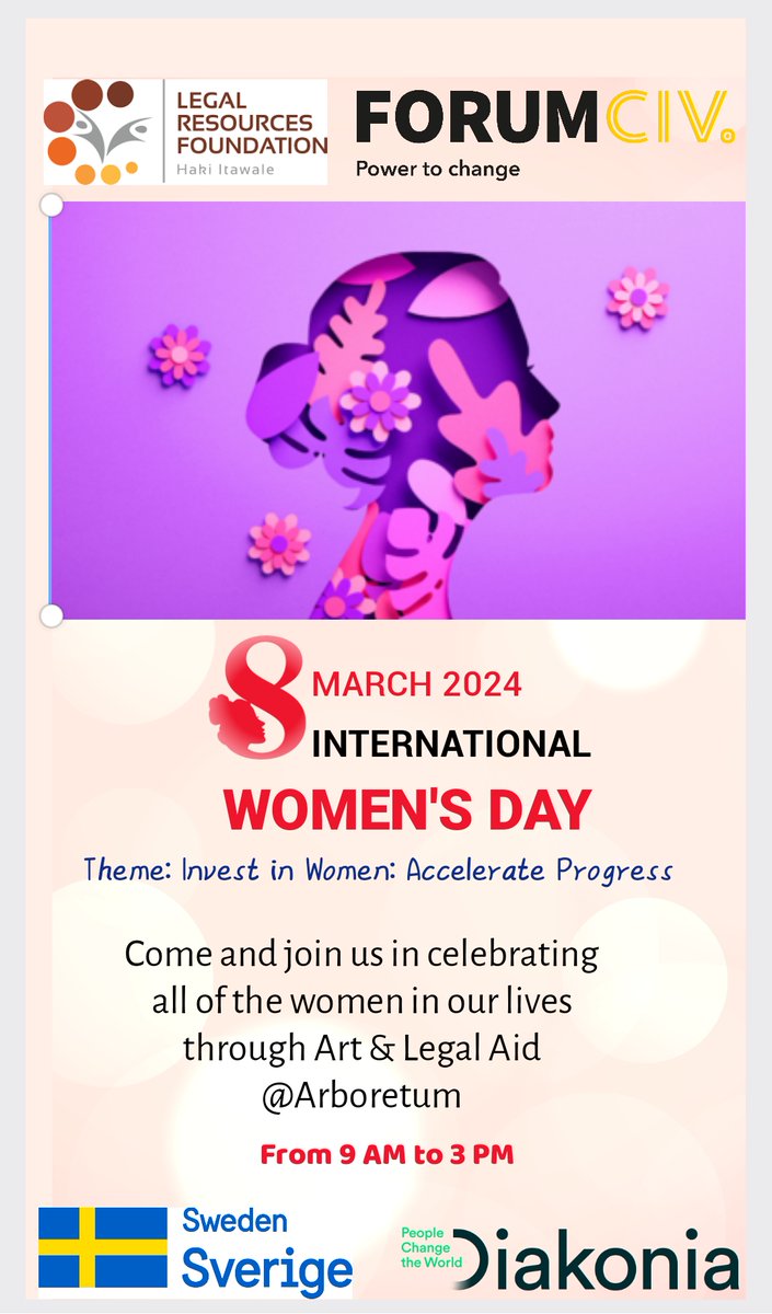 📢📢Join us tomorrow @Arboretum from 9am to 3pm in celebrating #InternationalWomensDay. We shall be joined by legal practitioners to offer legal aid to women suffering from legal inequities. #InspireInclusion #InvestInWomen #IWD2024