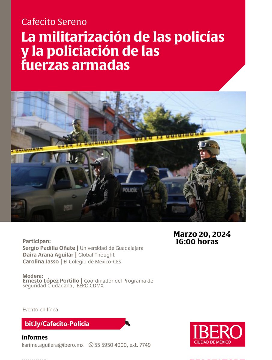 El próximo miércoles 20 de marzo estaré conversando en este cafecito sereno con @SergioPO85 y Carolina Jasso sobre nuestros hallazgos investigando la militarización de las Policías y la policiación de las Fuerzas Armadas. Gracias al @PSC_IBERO y a @ErnestoLPV por la invitación.