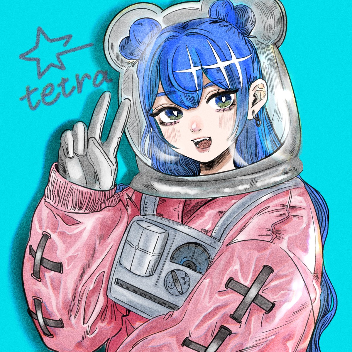 1girl solo blue hair spacesuit astronaut v open mouth  illustration images