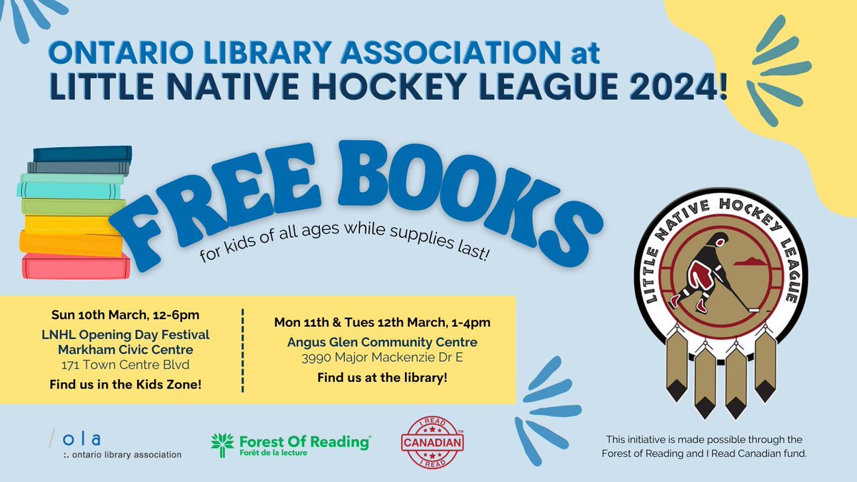 We’re returning to Little Native Hockey League! Last year we gave away 500+ books to kids &amp; families!! We’re excited for you to join us on March 10 from 12-6pm at Markham Civic Centre. Thank you to <a href="/ForestofReading/">Forest of Reading</a> and <a href="/ireadcanadian/">I Read Canadian 🇨🇦</a> for making this possible. <a href="/Official_LNHL/">Little NHL</a>