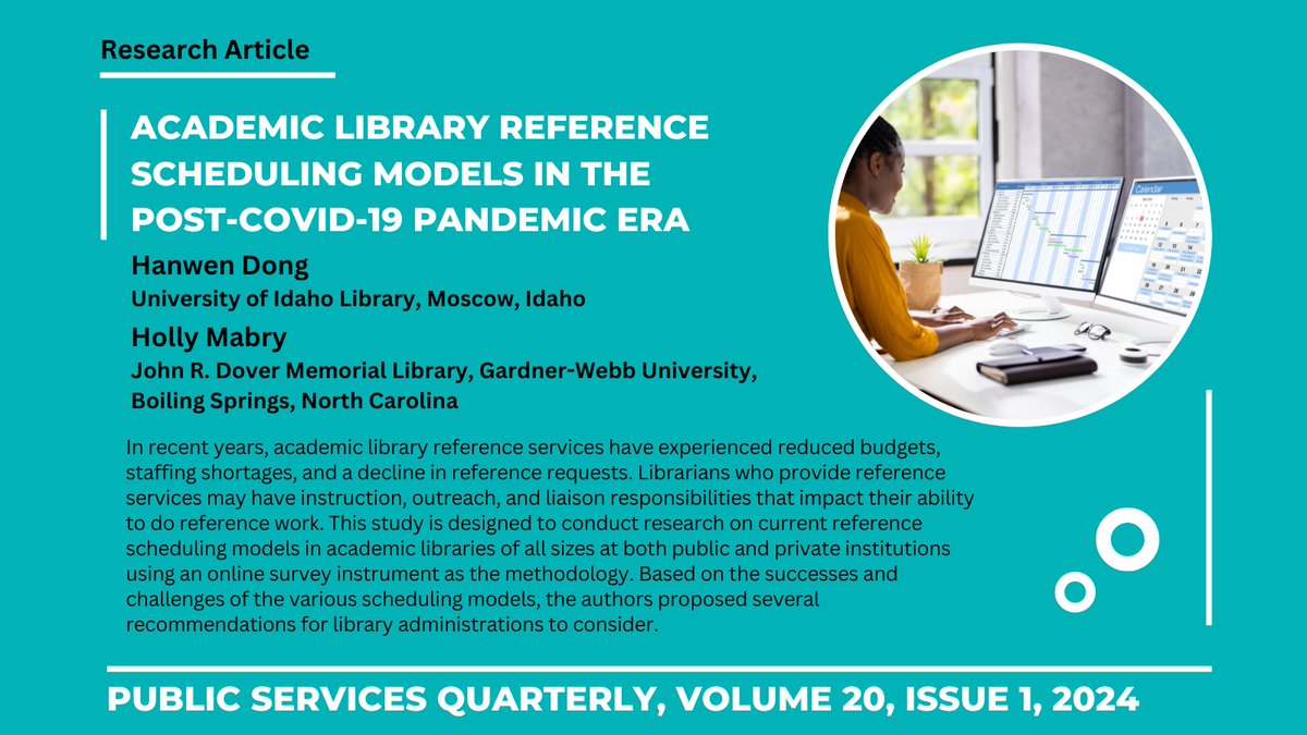 New original research! 

Librarians at @uidaho library and @gwudoverlibrary studied #academiclibrary reference service scheduling in the #postpandemic era. 

Read more doi.org/10.1080/152289…