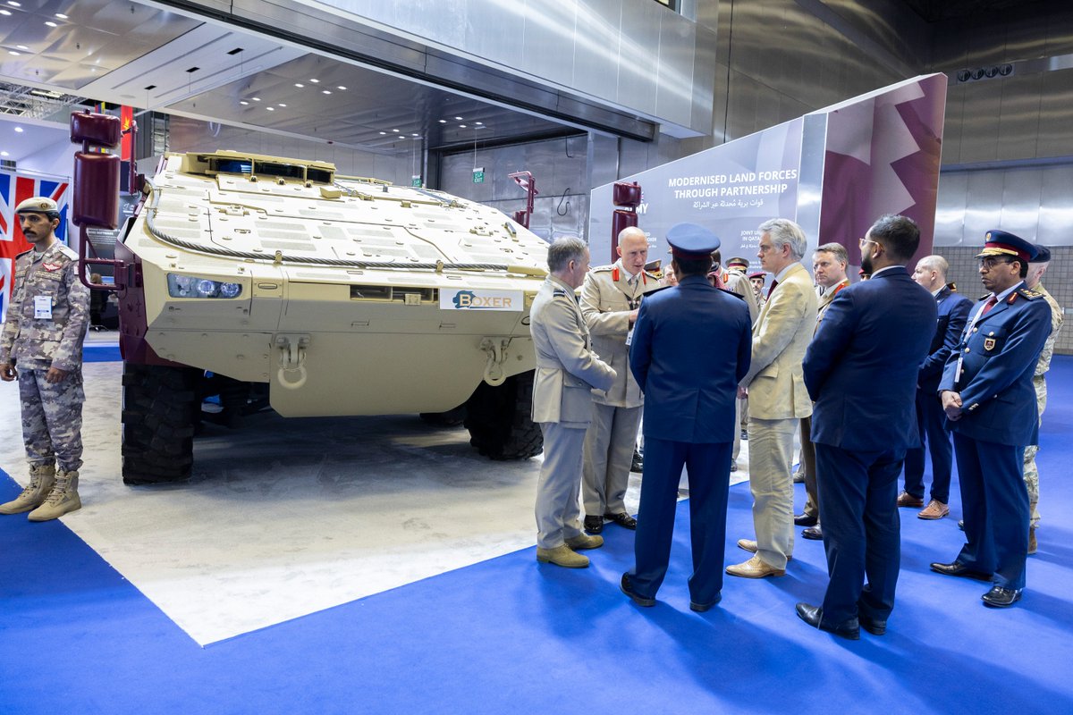 DefenceHQ's tweet photo. The Boxer protected armoured vehicle will offer flexible, cost-effective and modernised land power for 🇬🇧 forces.
At #DIMDEX2024 🇶🇦, Defence Minister @jcartlidgemp visited the @BritishArmy Boxer stand, meeting with UK personnel working on the programme. https://t.co/e15IwyImf3