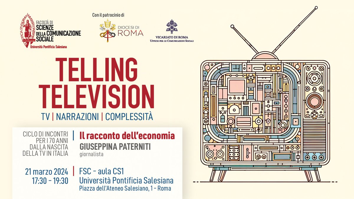 📺 Continuano gli appuntamenti di “Telling Television. Tv, narrazioni, complessità”.  
Il tema dell'incontro di domani è : "Il racconto dell’economia" con  Giuseppina Paterniti, giornalista.

📅 21/03 ore 17:30 
fsc.unisal.it/article/6004-t…