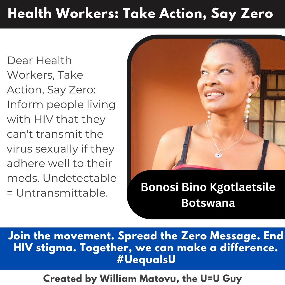 @BR999 @HWCharlesKing @PreventionAC @Matthew_Hodson @Mandisa_Dukashe @MyFabDisease @stigma_fighter @ViiVHC @Winnie_Byanyima @WHO @LindaJosephRob4 @kneeshekneeshe1 Meet the inspiring @BonosiBino, a resilient U=U ambassador from Botswana. Her dedication to the #SayZero campaign is commendable. As one of the foremost advocates for U=U in her country and a proud member of @UequalsUAfricaF, she's making a significant impact. #UequalsU