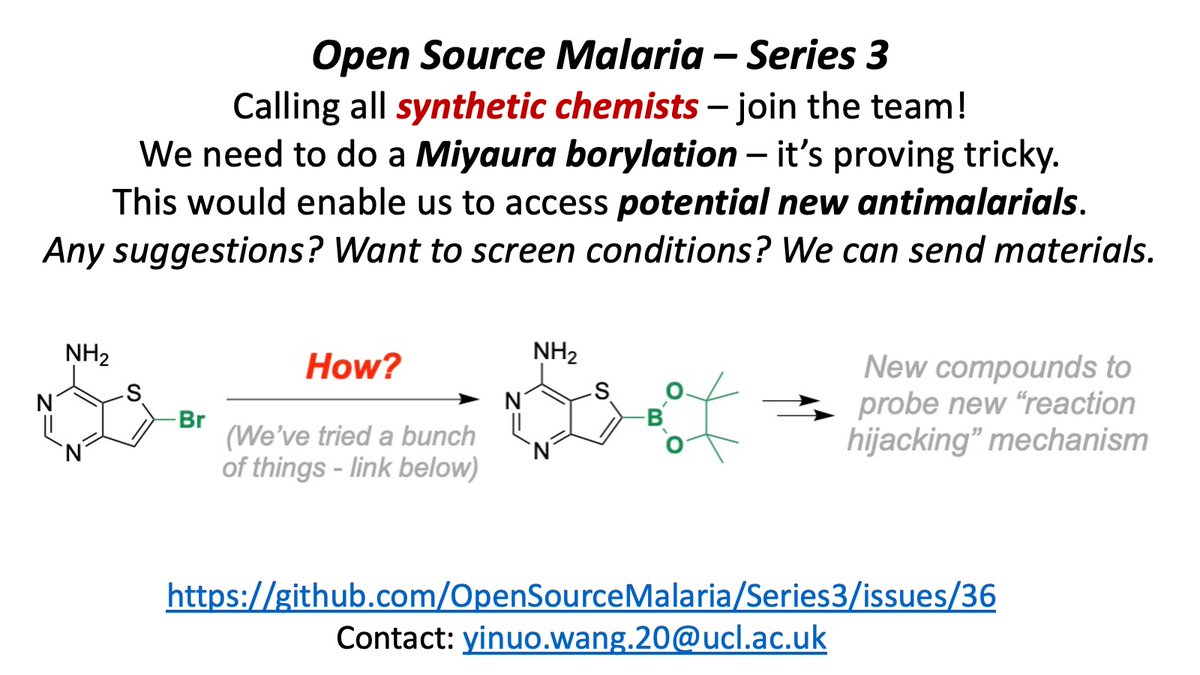 Love #orgchem? Love palladium catalysis? Love the Miyaura borylation? We do, but there's one we can't get working. We need it to enable high value compounds for #malaria in @O_S_M. See github.com/OpenSourceMala… for more. #openscience @yinuo_w @MedsforMalaria @thesgconline