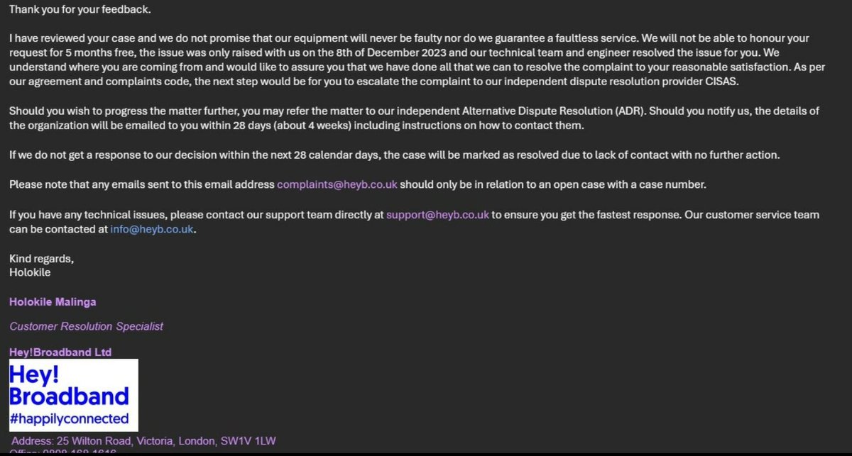 GMG2FXTrader's tweet photo. @HeyBroadband Steer clear. 5 months I received less then 1 tenth of my 1 gig. Complaints specialist lied. When proven wrong with evidence, told they do not guarantee their equipment will never be faulty and do not guarantee a faultless service! Unbelievable! See screenshot for proof. https://t.co/lifxjcTrc3