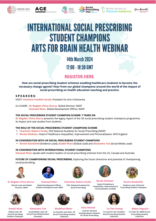 Excited to host and welcome you to our International @SP_champScheme #artsforbrainhealth - celebrating the youthful interests of Sally Greengross & the inspirational #socialprescribing movement young and old on SP Day Thu 14 March, 17-18.30 GMT @NASPTweets @Arts
