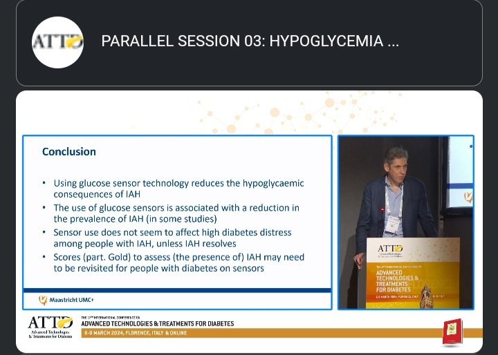 Hypoglycemia session at #ATTD2024. PROs of #hypoglycemia are fewer than those reported by CGM data. Levels 1, 2, and 3 hypoglycemia events are important study areas. #IAH (impaired awareness of hypoglycemia) effects #fearofhypoglycaemia and #diabetesdistress