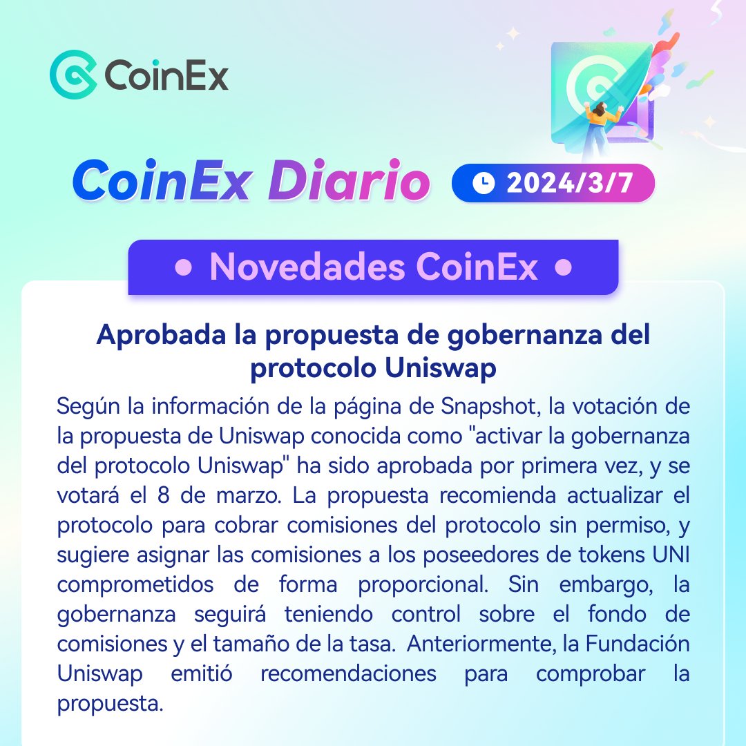 CoinExSpanish's tweet photo. 🗞️#CoinExDiario: ¡lo más novedoso en el mercado cripto hoy!
📈 $NCT sube un 157% en 24 horas.
🔥Aprobada la propuesta de gobernanza del protocolo Uniswap.
Descubre más detalles en nuestro reporte diario: https://t.co/KUtTAwBQ6n