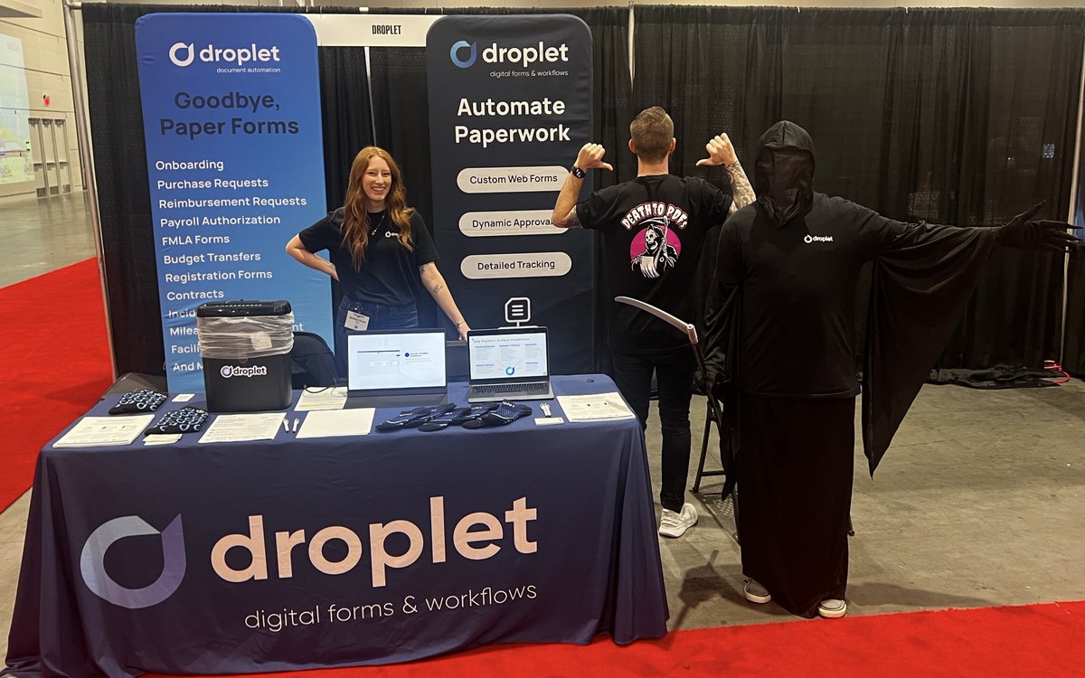 DropletInc's tweet photo. Hey #ncties24 attendees! Swing by booth 906 for the lowdown on the future of online forms, approval workflows, and witness the Grim Reaper killing off paperwork for good #deathtopdfs https://t.co/EZDHAUhfB5