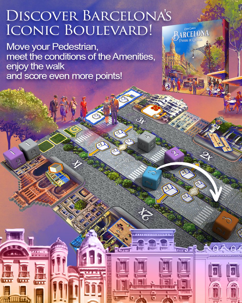 Barcelona: Passeig de Gracia introduces a new board on which you will move your Pedestrians. If you meet the condition depicted on the building, you increase your dice value! The higher dice you have at the end of the walk, the greater benefits you receive!