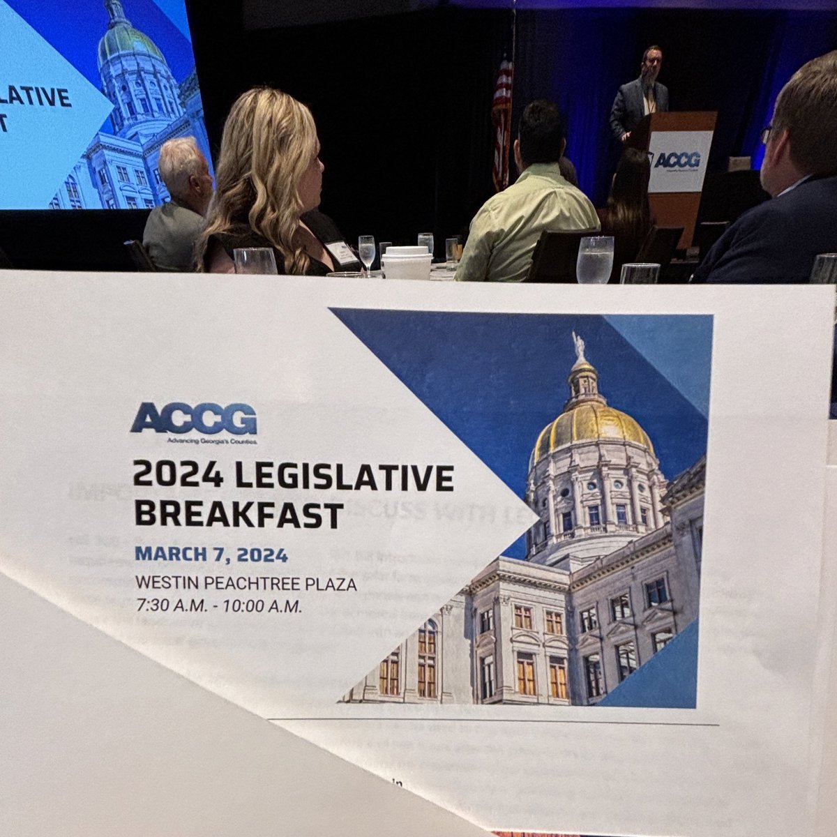 JMichaelBrewer's tweet photo. An excellent 2024 @GACounty Legislative Breakfast in Atlanta this morning. Hearing from Brad Vaughan with the office of our own @LtGovJonesGA about the impact and importance of the collaborative partnerships that exist between state and county government. These partnerships are critical for success, and one of the many positive forces that has driven Georgia’s strong growth and sustained its momentum. #GaCounty #ACCG