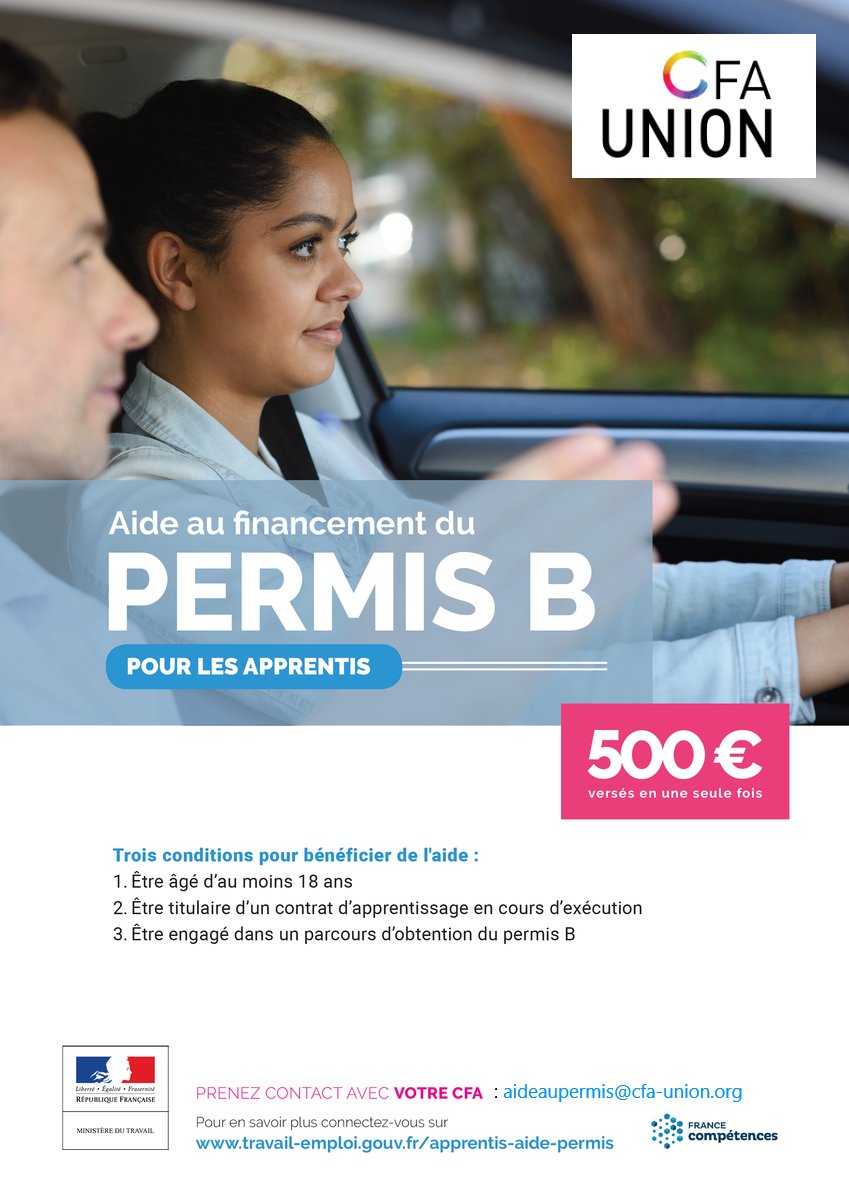 cfa_union's tweet image. #PermisB 🚘 | Vous êtes majeur, en contrat d’#apprentissage et préparez le permis de conduire ?
Vous pouvez bénéficier de 500€ d’#aide pour le financer.

Toutes les infos ici : site.cfa-union.org/pages/aides_fi…

Attention, le CFA UNION a changé d&apos;adresse postale !