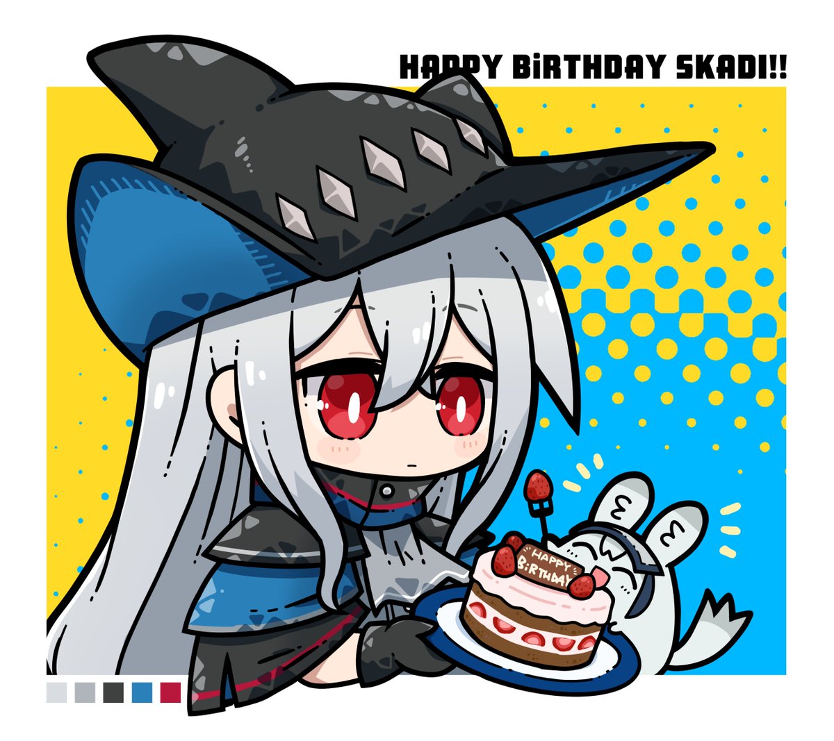 skadi (arknights) food red eyes cake long hair black headwear hat gloves  illustration images