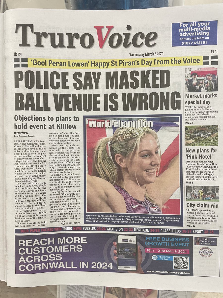 Good to see Molly Caudery’s world indoor pole vault exploits attracting national headlines plus front and back-page local news coverage on her home patch. #ProperJob