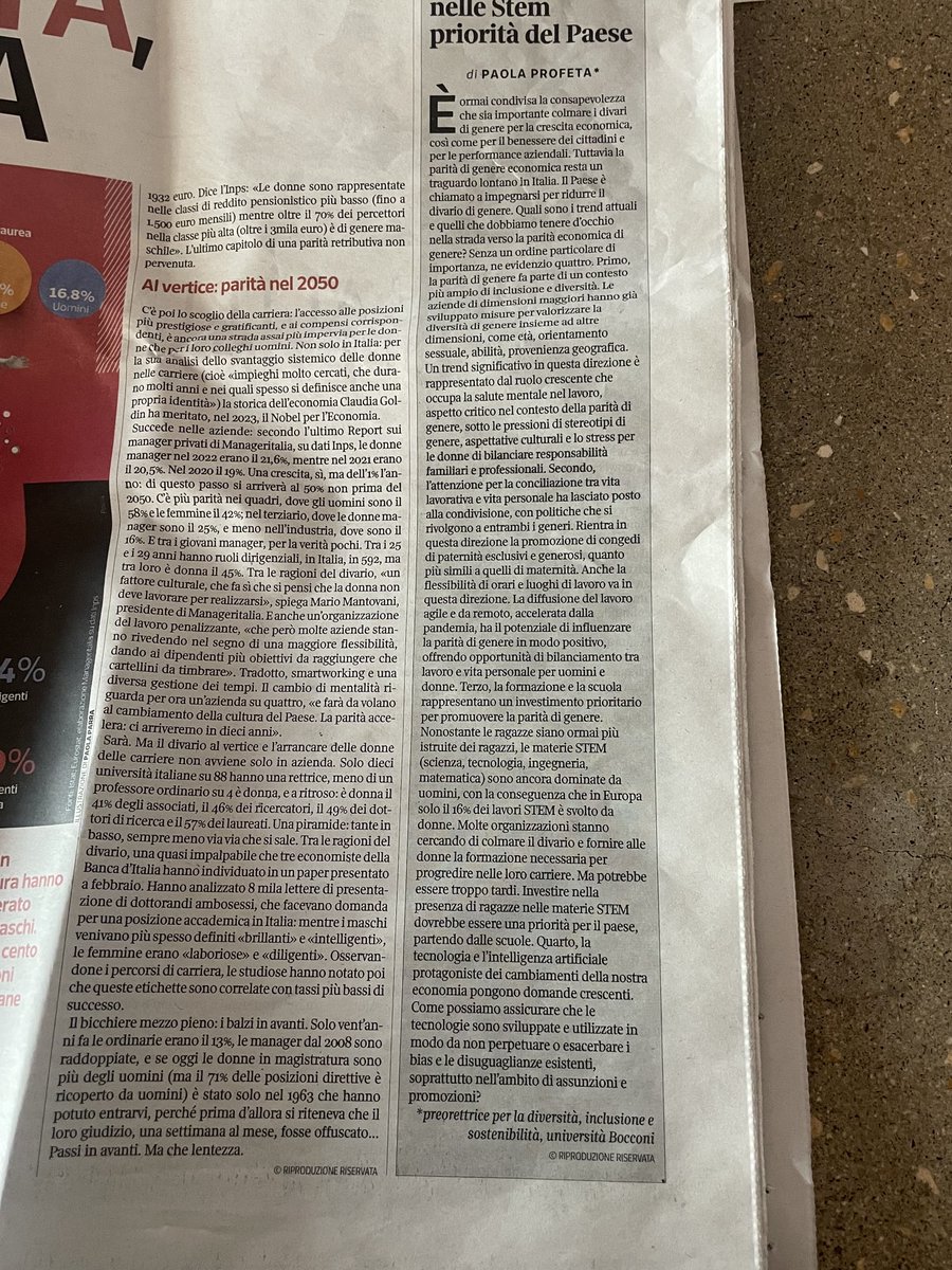 Paola_Profeta's tweet photo. Verso #8marzo oggi sul ⁦@Corriere⁩ ⁦@L_Economia⁩ la mia visione sul futuro della #paritadigenere, 4 trend: inclusione, condivisione, formazione, intelligenza artificiale ⁦@Unibocconi⁩ ⁦@AXAResearchFund⁩ ⁦@AXAItalia⁩ ⁦@AxaGenderLab⁩ https://t.co/IaB720hGLz