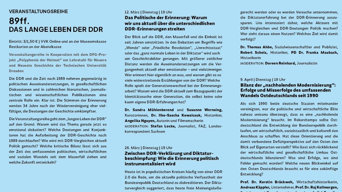 Zusammen mit dem @dhmd organisiert unser Kollege Johannes Schütz die Reihe '89ff. Das lange Leben der DDR' im Begleitprogramm zur Ausstellung 'VEB Museum' - am 12.03. geht's los mit einer Diskussion über das 'Politische der Erinnerung', u.a. mit @IlkoKowalczuk, @Stefan_Locke.