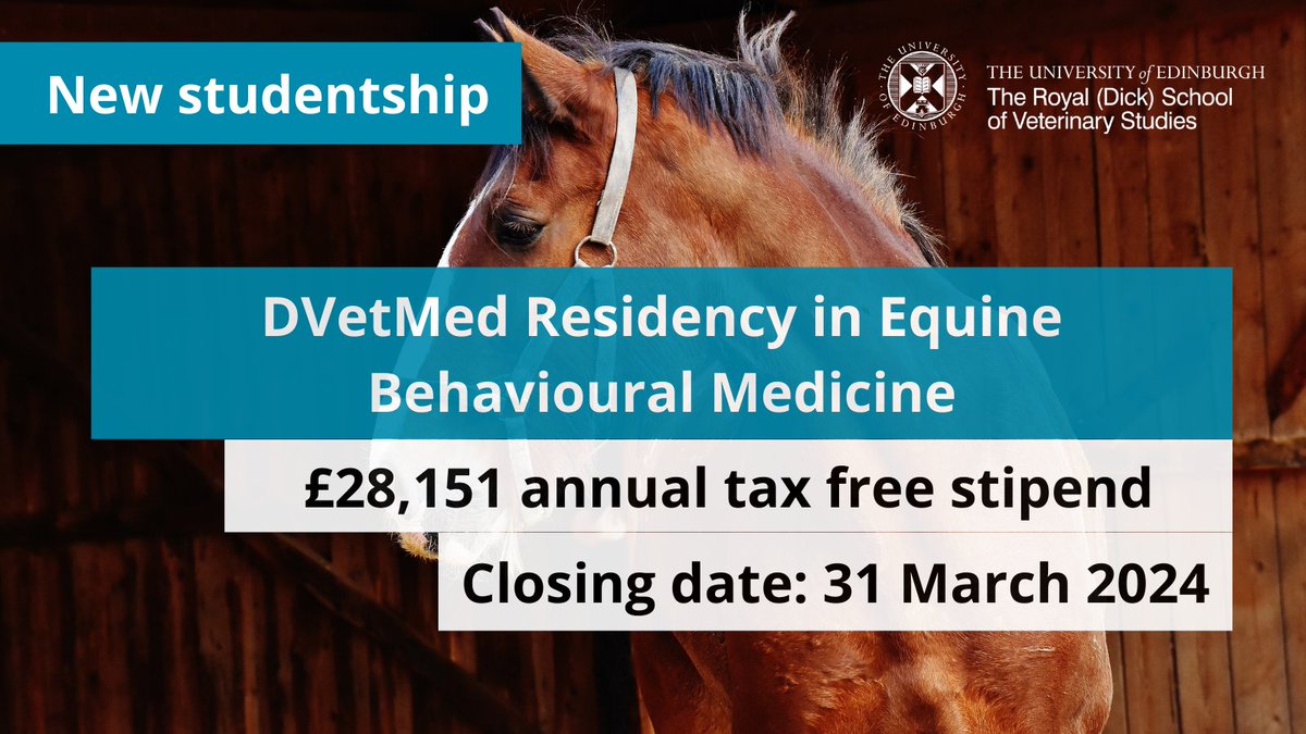 Applications are invited for a Residency in Equine Behavioural Medicine at our Equine Hospital.

Join our awesome team and gain extensive veterinary experience whilst working towards RCVS Specialist status and a DVetMed.

More info: edin.ac/38GuO6b 
Apply by 31 March