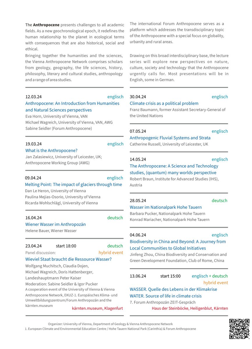 Join us for the kick-off event of our online #lectureseries 'Welcome to the #Anthropocene' 🌍 🔹 Tomorrow, 12 March at 5 pm CET 🔹 Online via Zoom - summer term 2024 on Tuesdays, 5-7 pm CET & CEST @univienna Details & registration link here: anthropocene.univie.ac.at/news-events/de…