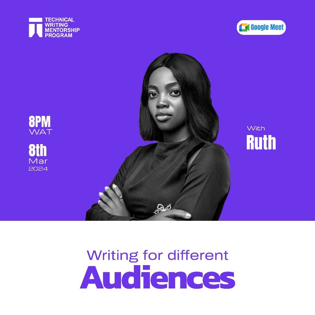 Hello guy! This Friday is the second class section for this cohort! 😍

Get ready for a great enlightening show with @ruthyramani this Friday, the 8th of March 2024 at 8pm WAT.
PS: Class section will also stream via YouTube.

#twmp2024 #technicalwriting #mentorship