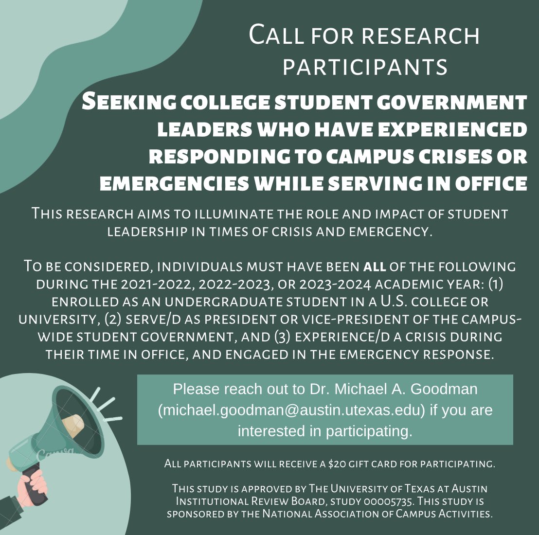 ⚖️ Call for participants! Are/were you a college student government VP or President who experienced a campus crisis or emergency while in office between 2021-2024? This research aims to illuminate your experience & the role it plays in shaping campus response. Please see flyer!