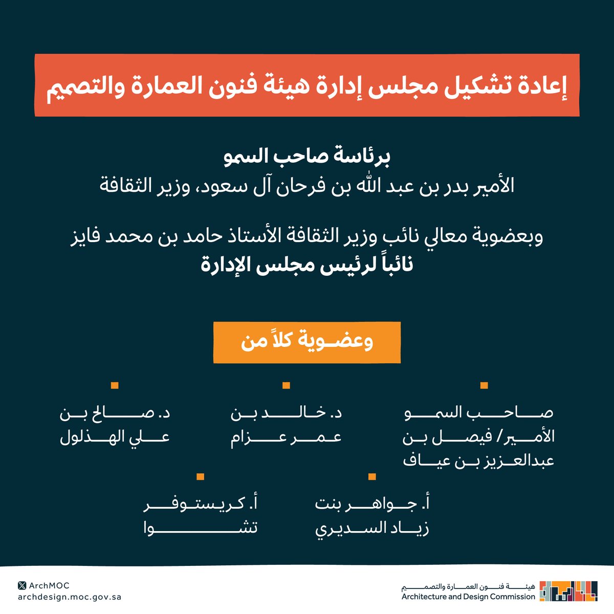 إعادة تشكيل مجلس إدارة #هيئة_فنون_العمارة_والتصميم، برئاسة سمو وزير الثقافة <a href="/BadrFAlSaud/">بدر بن عبدالله بن فرحان آل سعود</a> وبعضوية معالي نائب وزير الثقافة <a href="/hamedfayez/">Hamed M. Fayez حامد بن محمد فايز</a> نائباً لرئيس مجلس الإدارة.