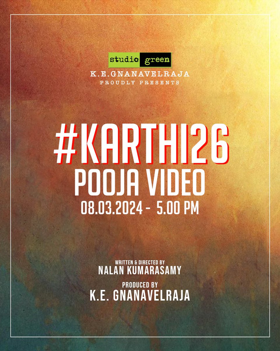 .@StudioGreen2 is Proudly announcing their #ProductionNo27 with the glimpses from the Pooja Video! 

#Karthi26 directed by #NalanKumarasamy on March 8 at 5pm 💥

@Karthi_Offl @GnanavelrajaKe @NehaGnanavel @Dhananjayang @agrajaofficial @digitallynow