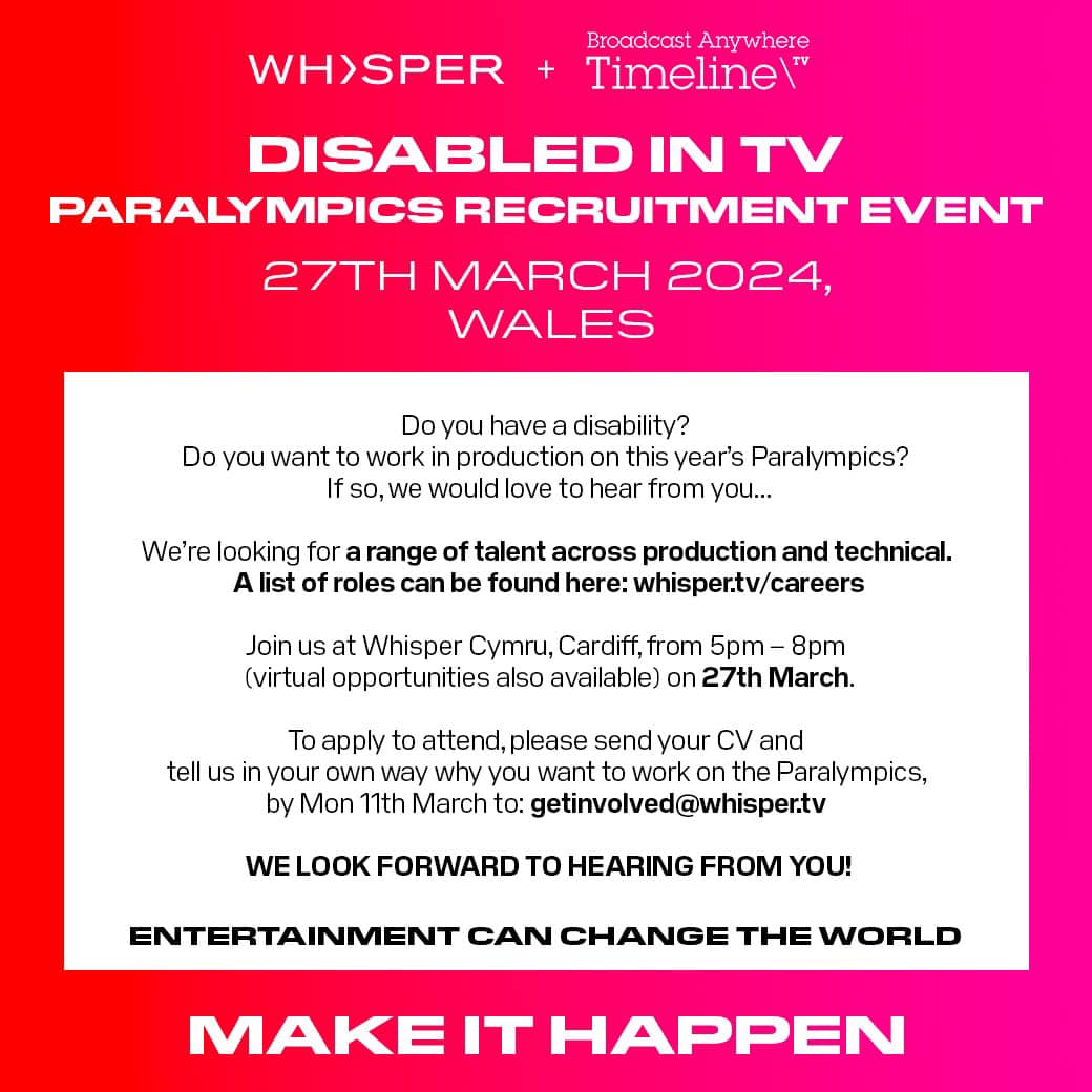 An amazing opportunity to work for a fantastic company on a global event, being produced right here in Cardiff. Interested? Then hit up @WeAreWhisperTV & @WhisperCymru crew, tell them why you want to work w/ them & make sure you attend their event on March 27th at @TramshedTech