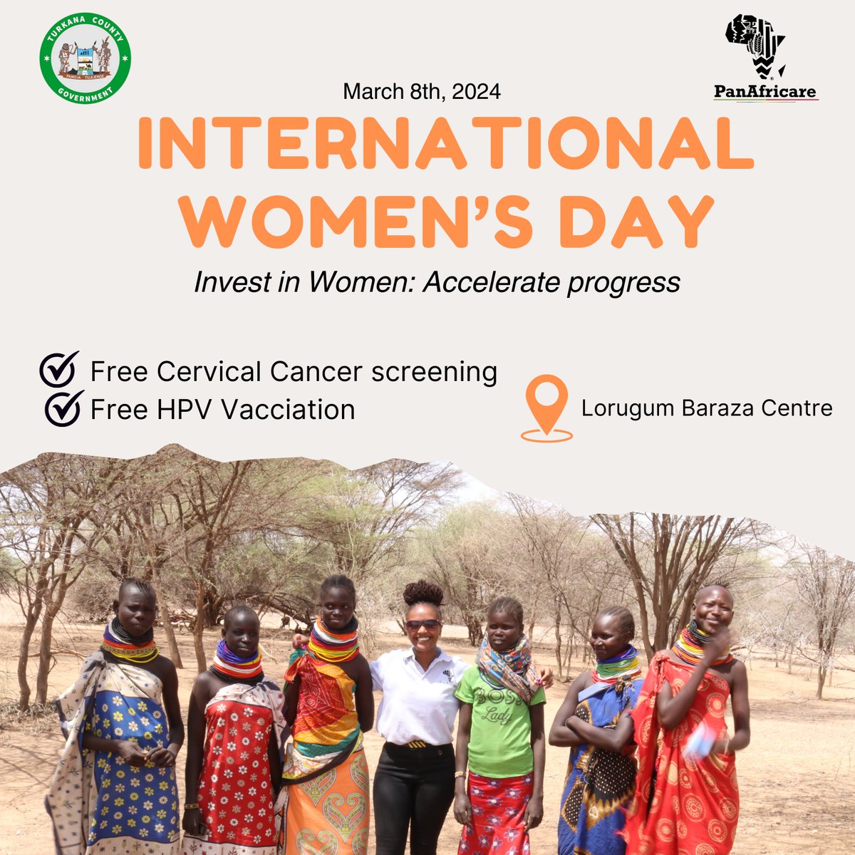 Join us tomorrow at Lorugum Baraza Centre as we celebrate the #InternationalWomensDay. Free cervical cancer screening and HPV vaccination at the venue. Let us all invest in women to accelerate progress! #IWD2024 #IWD