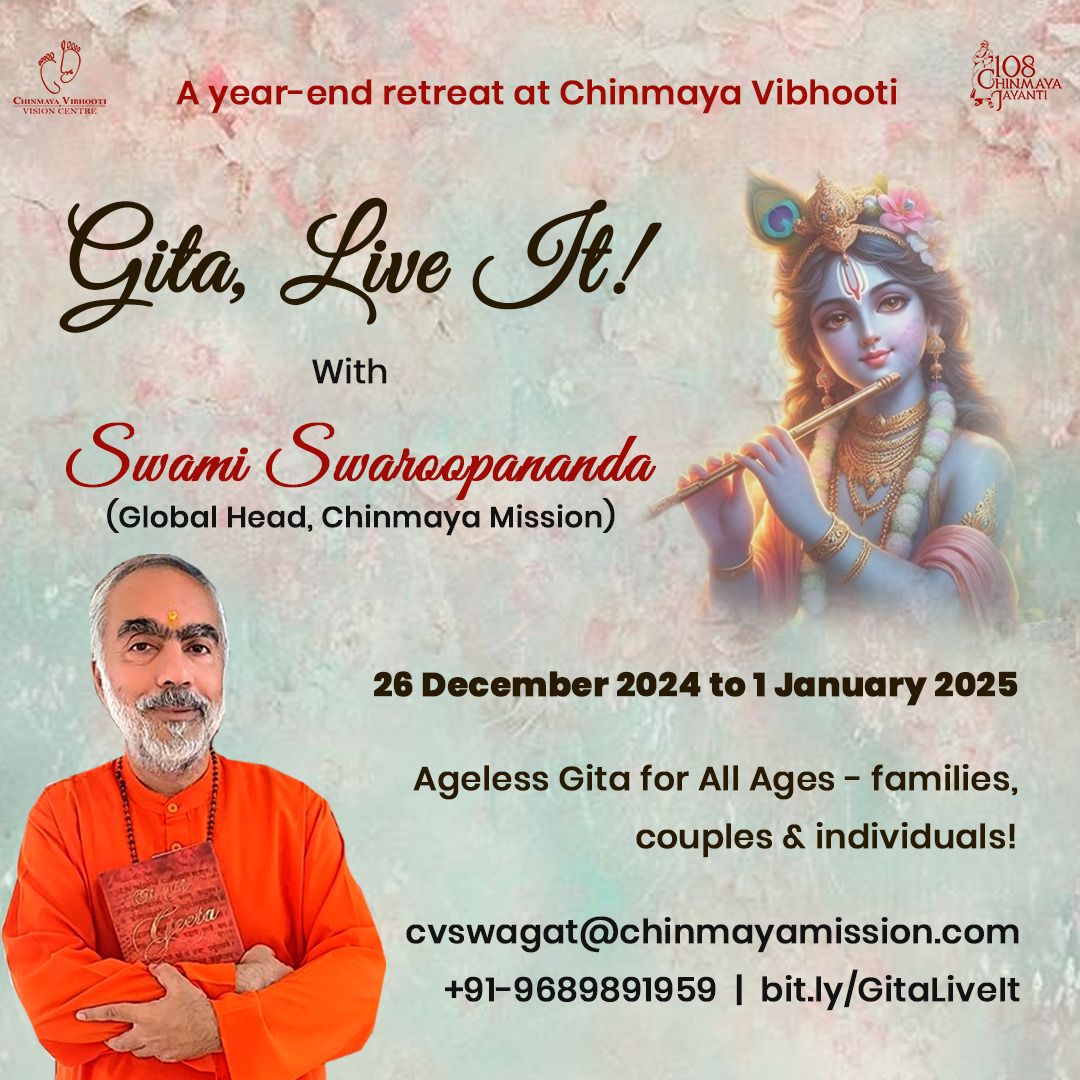 We are delighted to announce Chinmaya Vibhooti’s year end retreat with Swami Swaroopananda. Gita, Live It! Come as a family, a couple or alone - this camp is for all… Partake of timeless wisdom and limitless inspiration. buff.ly/3wBeyiv #ChinmayaVibhooti #Gita