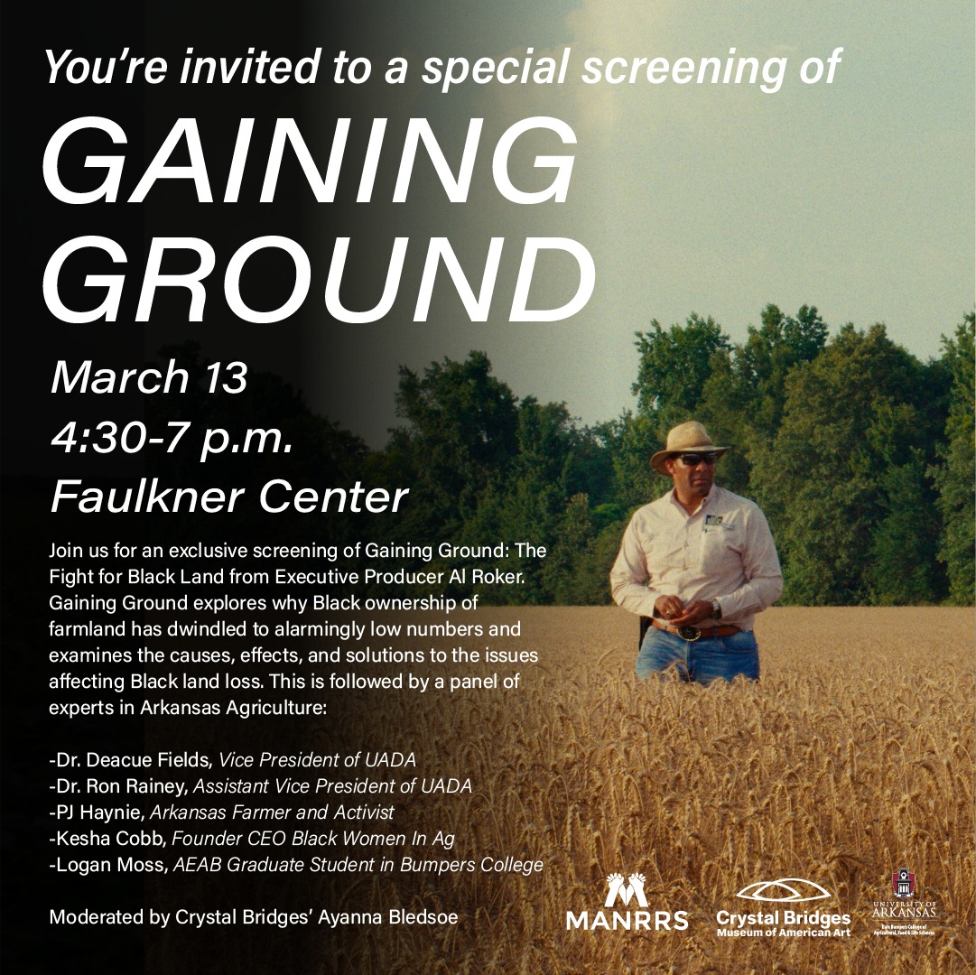 March 13, Jim & Joyce Faulkner Performing Arts Center: A Community Conversation of Gaining Ground, The Fight for Black Land & Panel Discussion; film has won multiple awards, panel includes PJ Haynie, featured in film: t.ly/HoahF #AgFoodLife