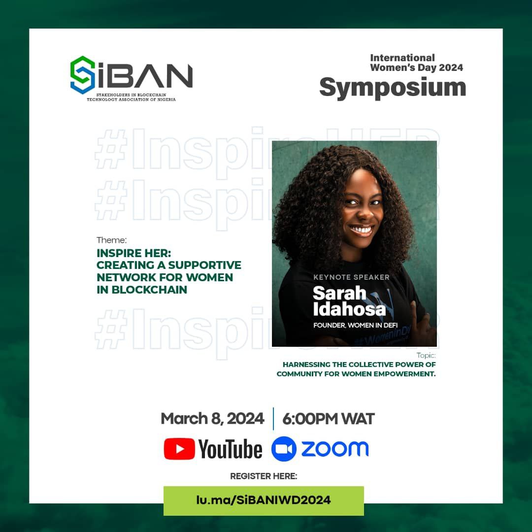 OfficialSiban's tweet photo. Meet the 2nd Keynote speaker of our #IWD2024 event taking place tomorrow: Sarah Idahosa @SaraIdahosa,  the founder of @women_in_defi 
She is a renowned web3 community builder and educator, a token economist, and a Defi researcher.

Join her session here 👉https://t.co/qVORBPcAiD https://t.co/WPdMRAOJo5
