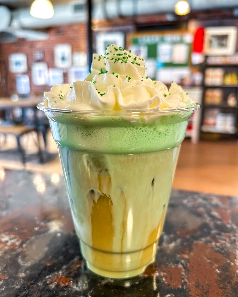 Now Serving: The Shamrock Delight! Made with sweet shamrock milk and cold brew. Available now through St. Patrick’s Day! 💚💚 
#shamrock #Stpatrickday2024