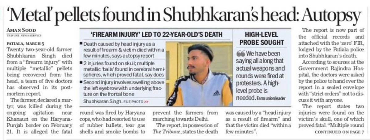 Strict instructions from PB-HR HC in Shubh's murder. The investigation will be headed by a retired HC judge. 

If only rubber bullets were used then how did metal get into body? 

Court expressed dissatisfaction in the investigation committee of both states.

#FarmersProtest2024